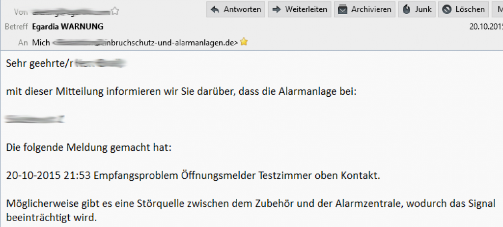 E-Mail meldet den Ausfall eines Türkontaktes